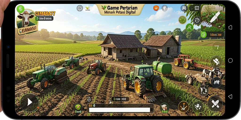 Tampilan gameplay menarik dalam CEMARA77 dengan elemen pertanian yang beragam.