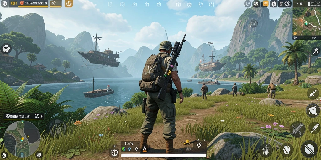 Screenshot gameplay FATCAI99 dengan panorama indah dunia terbuka.