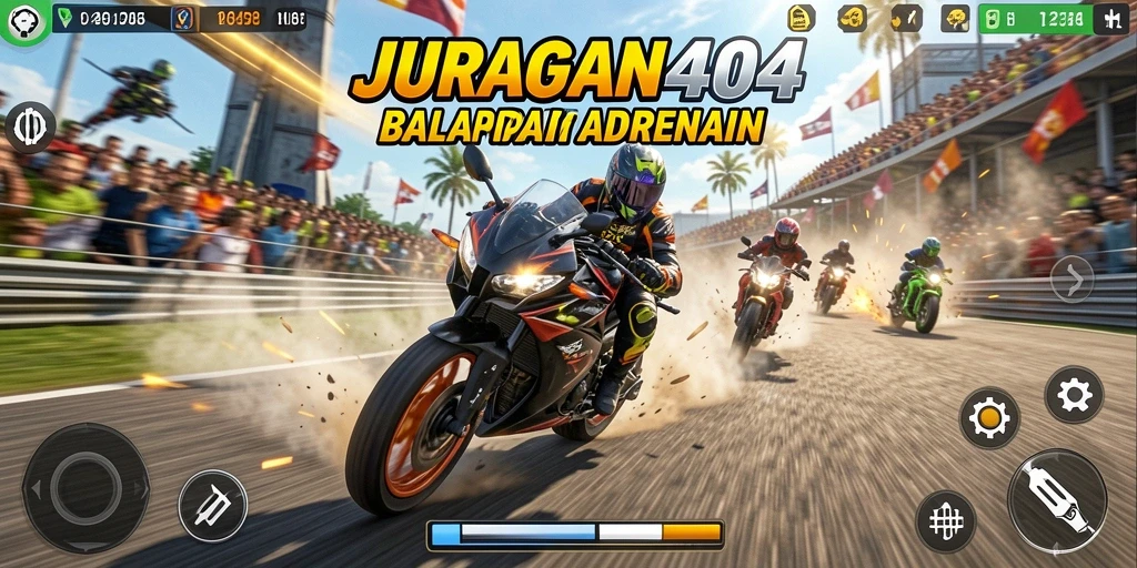 Tangkapan layar menampilkan aksi balapan motor yang mendebarkan di JURAGAN404.