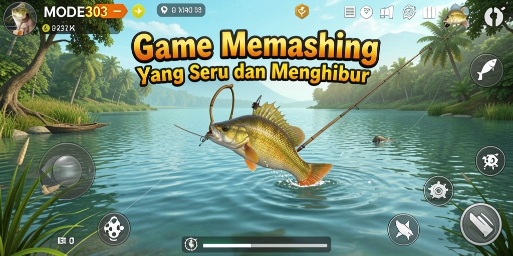 Screenshot gameplay MODE303 menunjukkan aksi menangkap ikan yang seru.