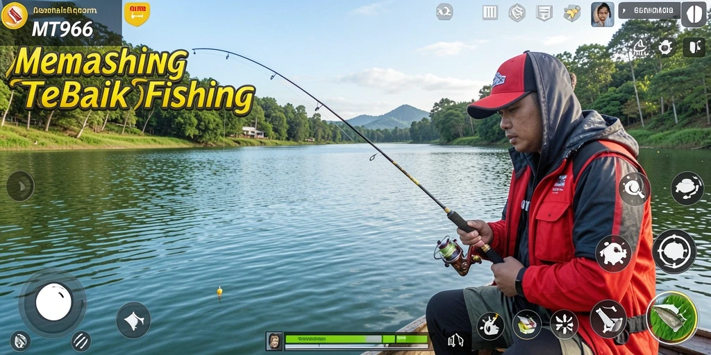 Gameplay seru MT966 dengan berbagai lokasi memancing yang menantang.