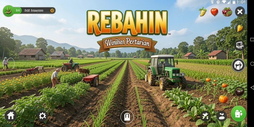 Tampilan menarik gameplay <strong>REBAHIN</strong> dengan kebun yang subur.