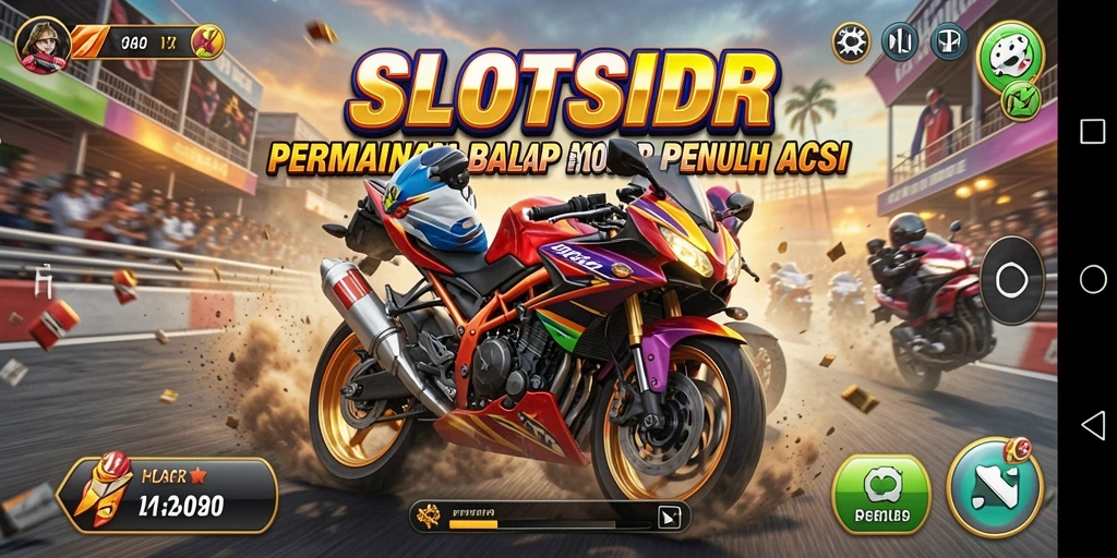 Screenshot utama SLOTSIDR menampilkan aksi balapan motor cepat.