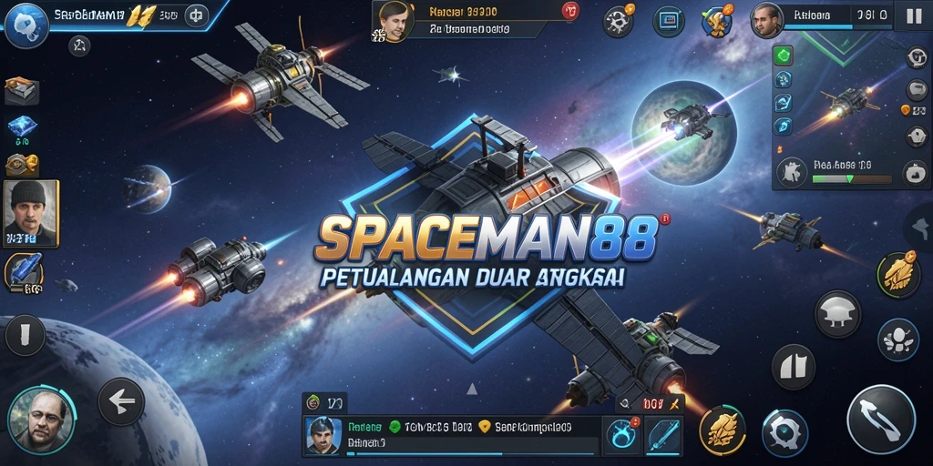 Screenshot gameplay SPACEMAN88 menampilkan pertempuran luar angkasa yang dinamis.