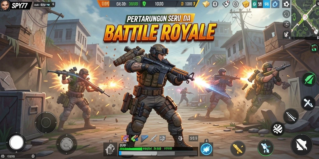 Tangkapan layar SPY77 menunjukkan aksi seru dalam pertarungan Battle Royale.